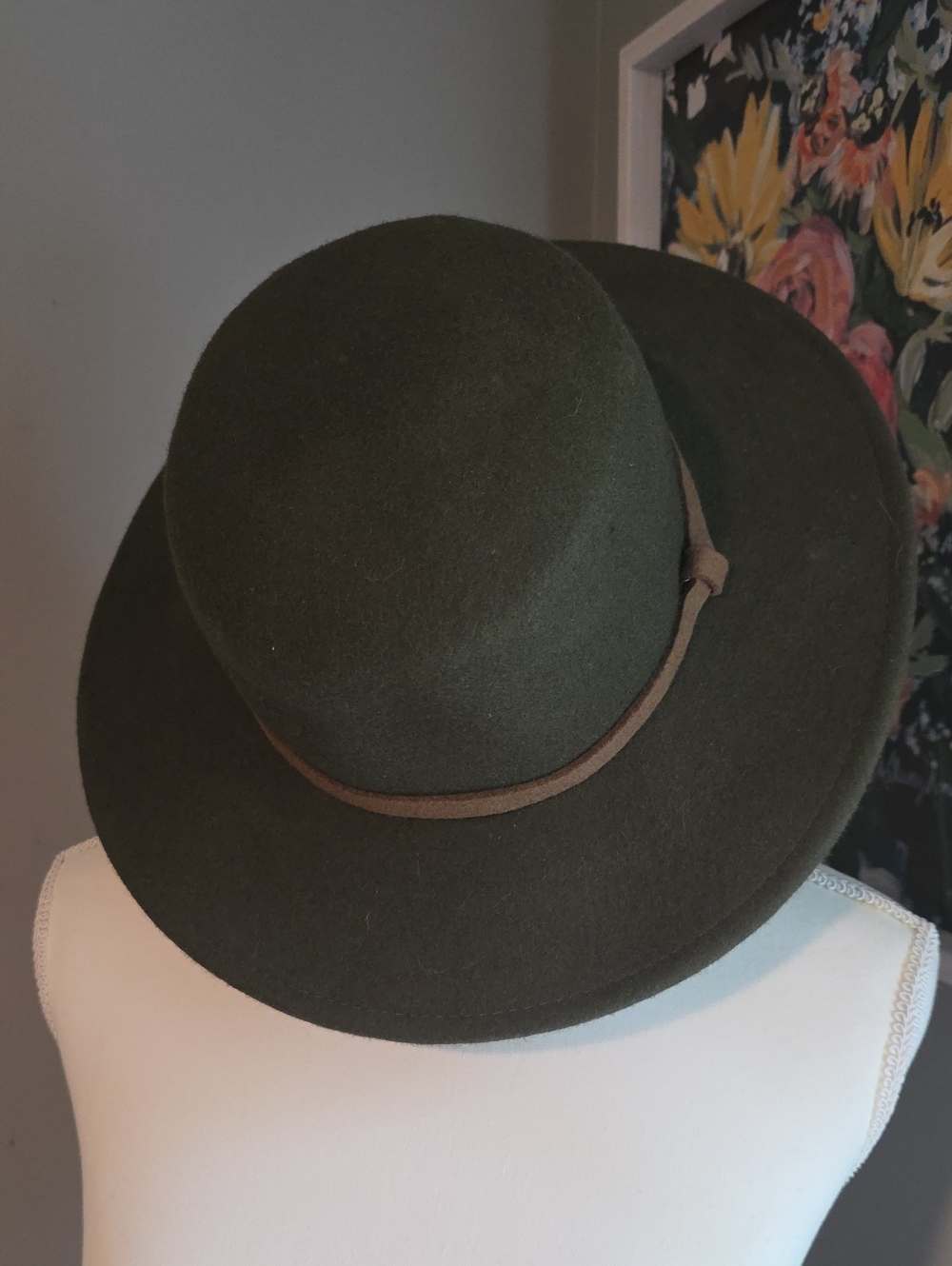Olive Green 100% Wool Hat with Brown Trim